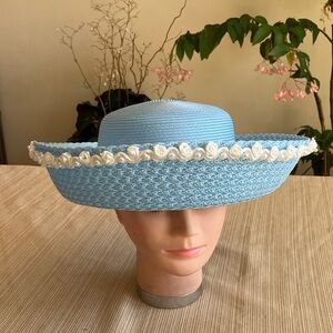 Light Blue Wide Brim Hat with White Pearl Floral Trim